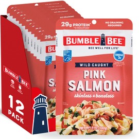 Bumble Bee Skinless & Boneless Pink Salmon, 5 oz Pouch (Pack of 12) - Premium Wild Caught Salmon for Snacks, Sandwiches & Recipes - 29g Protein per Serving - Gluten Free, Kosher, MSC Certified