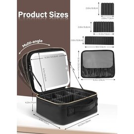 SOZOMO Bolsa de Maquillaje Profesional con Espejo LED,con Pequeño Espejo,Estuche de Maquillaje,Bolsa de Cosmético,con Divisores Ajustable y Sensor táctil 3 Colore Luces de Intensidad Ajustable (Negro)