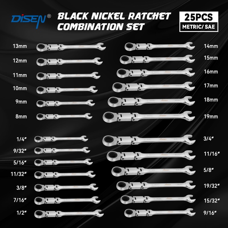 DISEN Ratchet Wrenches Set 13pcs, Double Jointed Flex Head Ratcheting