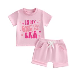 Toddler Baby Girl 1st Birthday Outfits Letter Floral Print Short Sleeve T-Shirts Sweatshirt Top Shirts with Elastic Waist Shorts Sets 2Pcs Birthday Clothes for Little Girls (Pink, 6-12 Months)