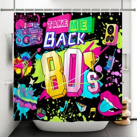 ASDCXZ Vintage Shower Curtain 180 x 180 cm, Retro Colourful Back to 80'S Party Black Skate Shoes Clay Bathroom Washable Shower Curtains Polyester Textile Waterproof Bath Curtain for Bath with 12 Hooks