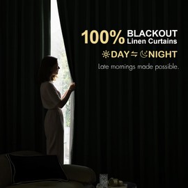 MIULEE Linen 100% Blackout Curtains 84 Inch Length 2 Panels, Olive Green Back Tab Pleat Hook Belt Clip Rings Thermal Insulated Drapes for Bedroom Living Room Black Out Light Blocking Window Curtains