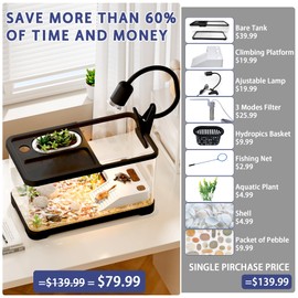 5.3 Gallon Turtle Tank, 9 In 1 Turtle Tank Kit with Climbing Platform, Adjustable Lamp, 3 Modes Filter, Hydropics Basket, Aquarium for Crabs, Fishes, Amphibians, Reptiles Enthusiasts Beginners (Black)