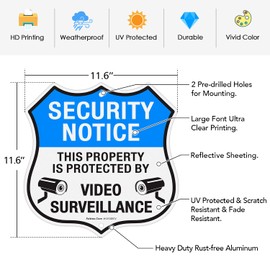 Faittoo Security Notice Sign, Property Is Protected By Video Surveillance Sign, 11.6 x 11.6 Inch Reflective Aluminum Warning Sign, UV Protected, Weather/Fade Resistant, Easy to Install