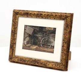 Eitida 8x10 in Rustic Gold Ornate Classic Picture Frame, Matted for 5x7 Photos, Real Glass Protection, Tabletop or Wall Mounting Display