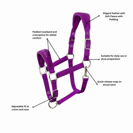 AK Feather Soft Padded Horse Head Collar – Extra Comfort Padding, Adjustable Curb & Poll Straps – Gentle, Durable & Secure Halter for Horses AKRS-6070-01 (Purple, Full/ (L),)
