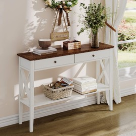 ChooChoo Farmhouse Console Table with Drawers, Narrow Wood Accent Sofa Table Entryway Table with Storage Shelf for Entryway, Front Hall, Hallway, Living Room, Antique White & Brown