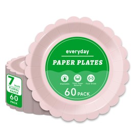 Yinbanban 60 Pcs 7 Inch Scalloped Paper Plates – Disposable Decorative Dessert Plates for Party, Baby Shower, Wedding – Thick & Waterproof Pink Plates (Elegant Design, Bulk Pack)