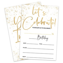 MBYHP Let’s Celebrate Birthday Party Invitations-Gold Glitter Theme Party Invites-20 Sets Double-Sided Cards With Envelopes-Birthday Party Celebration Decors & Supplies For Boys & Girls(4'X6')-A02