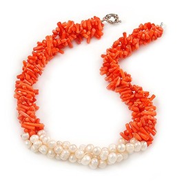 3 Strand Twisted Orange Coral and Cream Freshwater Pearl Statement Necklace/ 44cm L