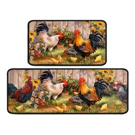 Ghroiep Rooster Theme Kitchen Rug 2 Piece Set, Farmhouse Decor Kitchen Floor Mat, Absorbent and Non-Slip Washable Runner Rug, Chicken Sunflower Decorations Kitchen Mats 17"x47"+17"x30"