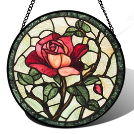 AMDERVEN Stained Glass Window Hanging, Red Rose Sun Catcher for Door Home Decor Beige Background Suncatcher Christmas Mother's Day Birthday Gifts for Women Men Mom and Nana 11.8 in
