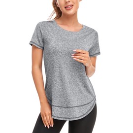 Abrooical Women Sport Tops Loose Fit Crew Neck Short Sleeve Workout Yoga Breathable Casual Tunic Shirts Light Grey X-Large