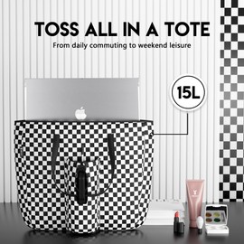 Meoky 15 L Tote Bag for Women: Black Tote Bag with Zipper for 40 oz Tumbler with Handle - Water Bottle Carrier Holder For Travel Sports - Girls Girlfriend, Plaid
