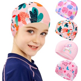 EDLMKM 4 Pcs Kids Swimming Cap, Swim Cap for for Long Short Hair Girls Boys Teens, Stretchable and Comfortable Swimming Hats