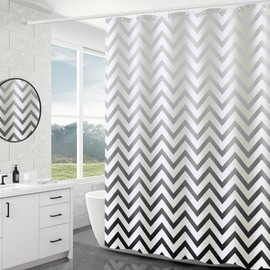 WOODFIB Shower Curtain, 100% PEVA Waterproof Anti-Mould Proof Resistant, Quick-Drying, Washable Bathroom Curtain, Includes 12 Pcs Curtain Hooks, 180 x 200 cm (Black Chevron)