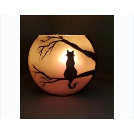 Unique Cat Unique Art Gift Hand Painted In Glass Candle Holder black and white  4x5"