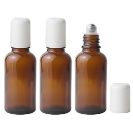 VASANA Leere, nachfüllbare bernsteinfarbene Glas-Rollerflasche mit Edelstahl-Rollkugeln und weißer Kappe, Reiseflasche, Parfümflaschen, Behälter für ätherische Öle, Lippenbalsam, 30 ml, 3 Stück