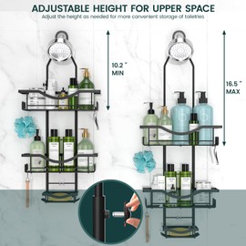 Shower Caddy Hanging Adjustable Shower Caddy, Rustproof Shower Organizer Extended Length Shower Caddy Over Shower Head with Hooks Soap Holder, Large Capacity Anti-Swing Bathroom Organizer, Black