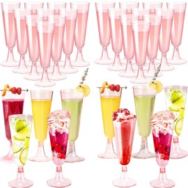 Champagne Flutes, 30 Transparent Champagne Flutes Made of High-Quality Plastic with Gold Glitter, Cocktail, Dessert, Stemware 150 ml, Reusable, Suitable for Weddings, Birthdays and Parties (Pink)