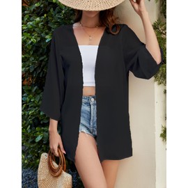 Hey Joo Women's Lightweight Chiffon Kimono Cardigan Casual Loose Beach Bathing Suit Cover Up Shrug Top Black XL