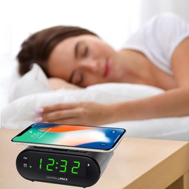 HANNLOMAX HX-207Wi Alarm Clock with 15W Wireless Charger and Dual USB Ports (1 USB Type A & 1 USB Type C) for Charging, Green LED Display, Digital Clock with Alarm, AC Operation only.