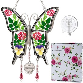 KY&BOSAM Gifts for Nana I Love You Nana Butterfly Suncatcher with Pressed Real Flower Nana Gifts Stained Glass Suncatchers for Window Hangings Ornament Wind Chimes Mothers Day