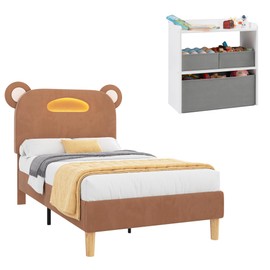 VECELO Twin Size Bed Frame with LED Light, Upholstered with Tall Bear Headboard, Strong Platform for Kids Girls, Wooden Slats Support, No Box Spring Needed, Brown