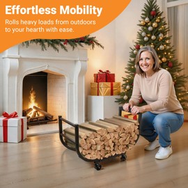 YQBRAO - Rolling Firewood Rack with Wheels, Heavy-Duty Indoor Outdoor Log Holder, Compact Wood Storage for Fireplace & Patio, Small Footprint