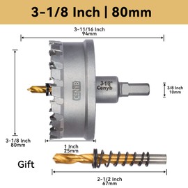 CENYB 3-1/8" (80mm) Tungsten Carbide Tipped Hole Saw with 2Pcs Titanium-Plated Pilot Drill Bits for Metal, Steel, Iron, Wood, Plastic
