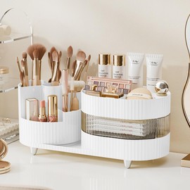Rotating Makeup Organizer for Vanity with Brush Holder and Drawer, 3 Layer Cosmetic Makeup Storage, Large Makeup Skincare Organizer, Countertop Makeup Perfume Organizer, Lotions Display Case (White)