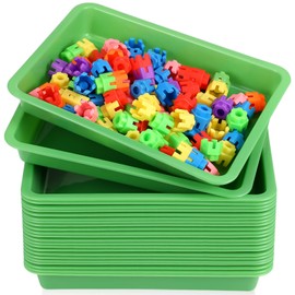 Maitys 24 Pcs Art Trays Plastic Activity Tray for Kids Craft Stackable Shallow Storage Organizer Serving for DIY School Books Home Painting Projects 9.45 x 7.1 x 1.38 Inch (Green)