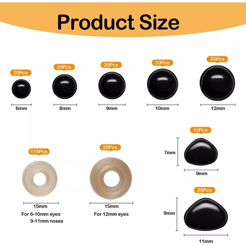 270 Piezas Ojos 6-12mm Nariz Arandelas Para Peluches Muñecos