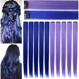 JCHDWSGUO 16 PCS Color Hair Extensions 21Inch Heat-resistant Synthetic Straight Hair Extensions Clip in, Crazy Hair Accessories for Girls Women Holiday Party Hair Highlights (Blue,Lavender)