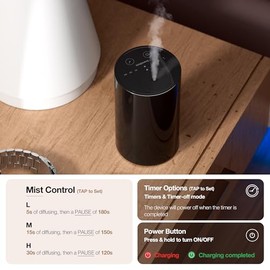 Waterless Essential Oil Diffuser, Battery Operated Aromatherapy Diffuser with 20mL Capacity, Mini Portable Scent Air Diffuser with 3 Timers & Mist Levels for Home, Room, Car, Office