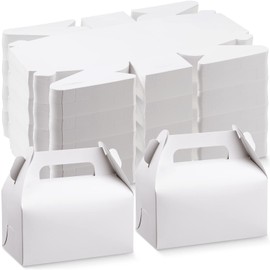 100 Pcs Favor Treat Boxes 6.4 x 3.6 x 4 Inches Bulk Gable Boxes Goodies Box Paper Gift Wrap Box with Handle for Wedding Birthday Party DIY Crafting Cube Cupcake Present (White)