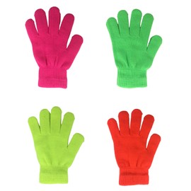 Magic Thermal Kids Gloves - Stretchy, Warm Neon Green, Yellow, Pink, Orange - Boys & Girls Knit Gloves - Black, 7-12 Years (2 Pairs - Neon Pink)