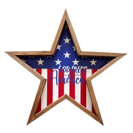 SAGUZOU Vintage Wooden American Flag Star Hanging Wreath Wall Decor 4th of July Americana Patriotic Wall Decorations-12 x12 inches