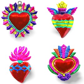 Mexican Hearts Milagros Charms Tin Painted Sacred Heart Ornaments Handmade in Mexico Metal Folk Art Wall Decoration (Set of 4) Large 5.5 inches Milagros Multicolor Grandes