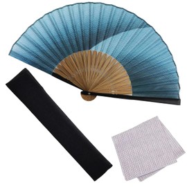 Osaka Choseido Folding Fan, Men's, Stylish, Business, Fan Bag, Handkerchief Included, Seigaiwave Gradation, blue green