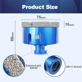 3 Inch Diamond Core Drill Bit for Porcelain Tile Ceramic Marble Granite Drilling,BRSCHNITT 1pc Vacuum Brazed Diamond Hole Saw with 5/8-11 Thread (75mm)