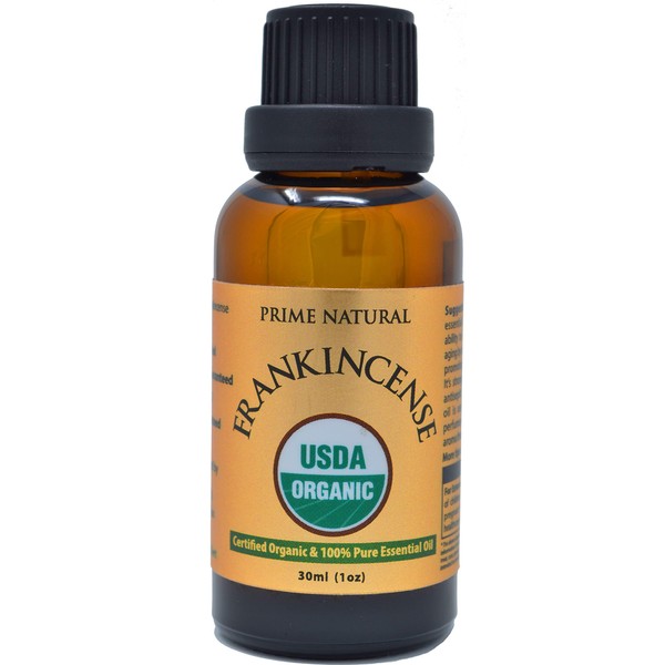 Prime Natural Organic Frankincense Essential Oil 30ml / 1oz USDA Certified Boswellia Serrata Pure Undiluted Therapeutic Grade Aromatherapy Scents Diffuser Skin Care Relaxation Calming Meditation