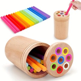 Enelia Montessori Color Sorting Sticks – Wooden Fine Motor Skills Set with 16 Colorful Sticks and Matching Lid – for Toddlers Ages 3+ Educational Learning Set for Kids