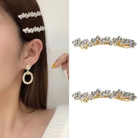 Rhinestone Hair Barrettes for Women Small Thin Crystal Hair Clips Hairpins Glitter Gold Hair Bar Clip for Hair Bridal Bridesmaid Barrette Bridal Wedding Hair Accessories 2 PCS
