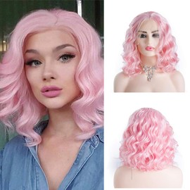 Angle Lucky Pink Curly Bob Wig for Women Synthetic Light Pink Short Bob Wig Synthetic Lace Front Wig Heat Resistant Fibre Cosplay Daily Wear Wigs 14 Inch