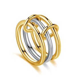 MQV Two Tone Link Connected Rings Interlocking Ring Gold Silver Cubic Zirconia Statement Ring Maximalist Stacking Ring for women men lovers (Gold stackble ring, 8)