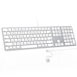OMOTON Wired Keyboard for Mac/MacBook/iMac, with Dual Interface(Type-C and USB A) Full Size Keyboard, Silver White