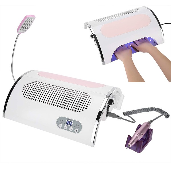 Salmue 3 in 1 Nail Dryer Vacuum Cleaner, Nail Lamp UV Curing Device for Manicure + Dust Extraction Vacuum Fan for Nail Design + LED Light, Nail Art Dust Collector Tool Suitable for All Ge
