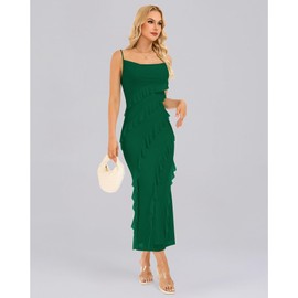 OULESIS Formal Dresses for Women 2025 Summer Elegant Classy Sleeveless Ruched Cowl Neckline Pullover Ruffle Asymmetrical Mesh Solid Color Bodycon Long Wedding Guest Dresses Beach Vacation Clothes