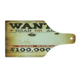 Lunarable Western Cutting Board, Old Wanted Placard Print Dead or Alive Bounty Hunter Cash Reward, Decorative Tempered Glass Cutting and Serving Board, Wine Bottle Shape, Camel Brown and Dark Orange